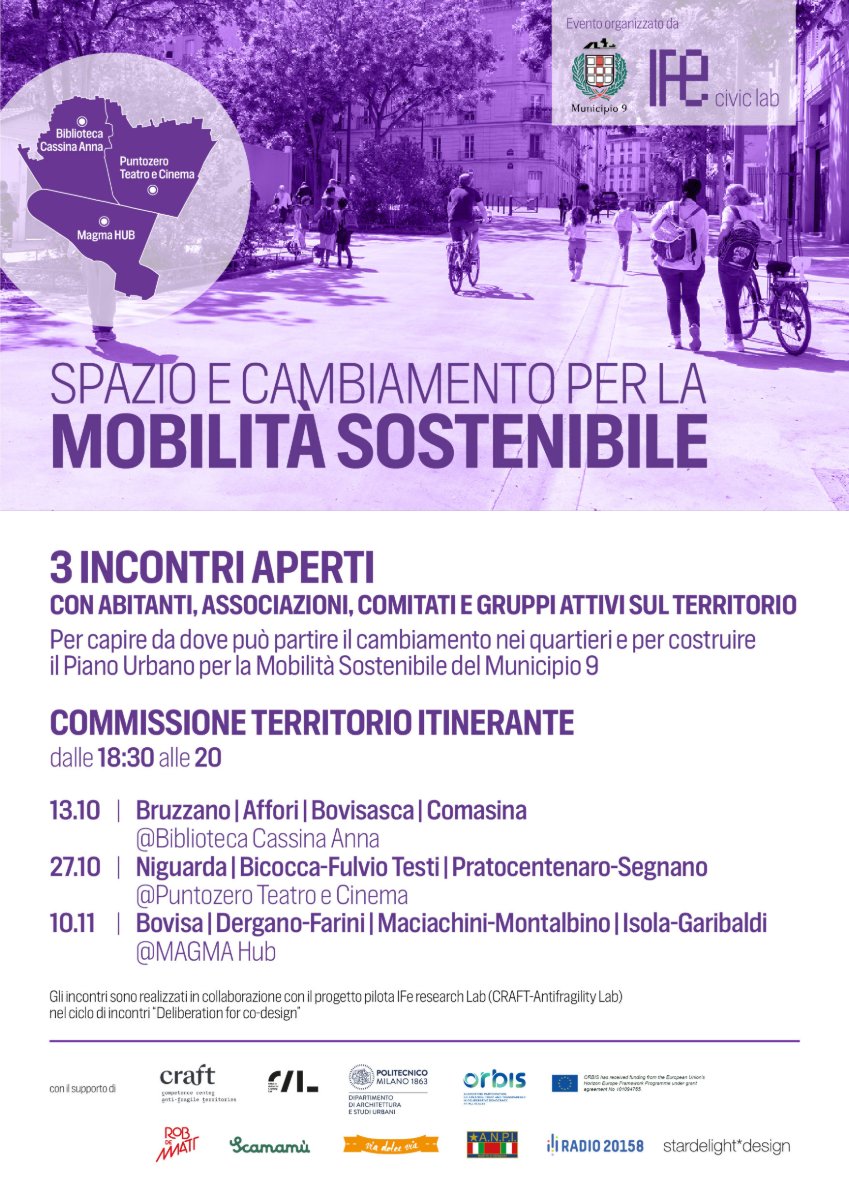 Locandina di 3 Incontri aperti “Spazio e cambiamento per la mobilità sostenibile”