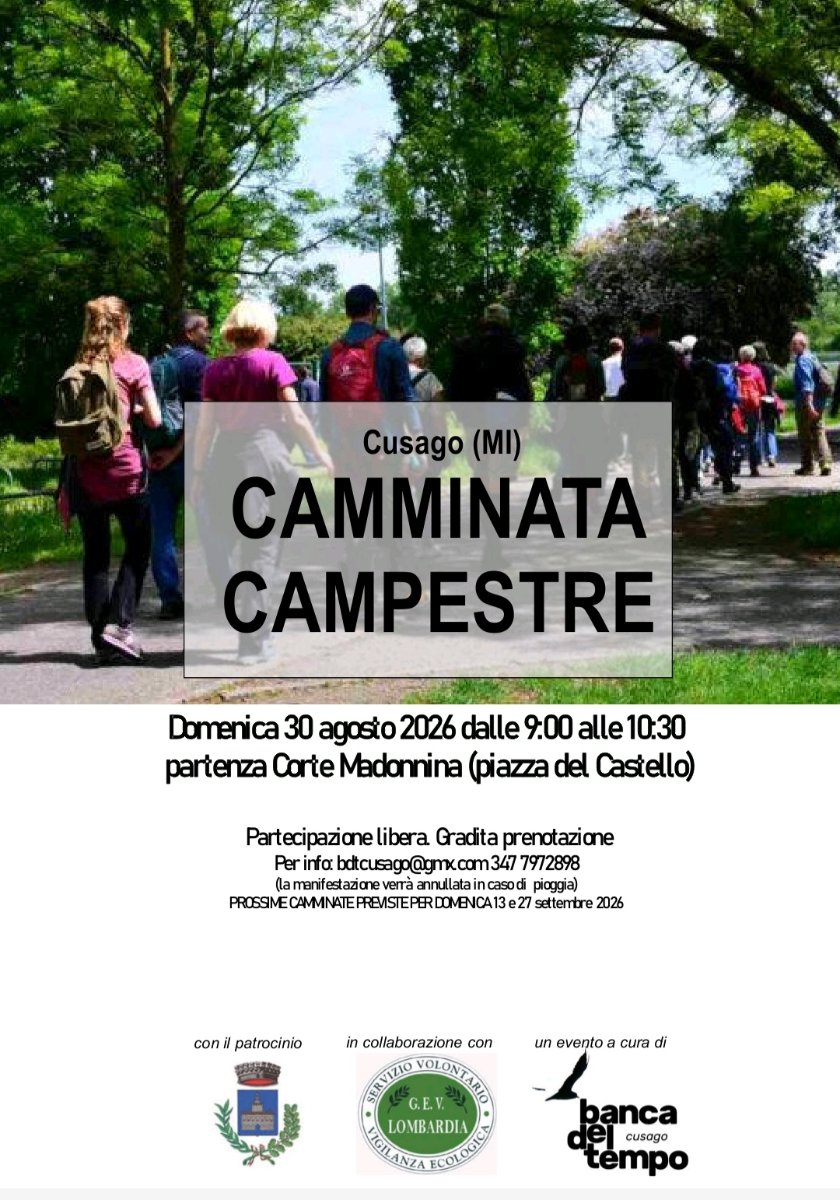 Locandina di Camminate Campestri nel Comune di Cusago con le GEV