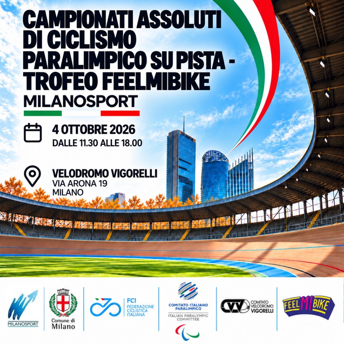 Locandina di Campionati Italiani Assoluti di Ciclismo Paralimpico su Pista 2026 – Trofeo FEELMIBIKE Milanosport