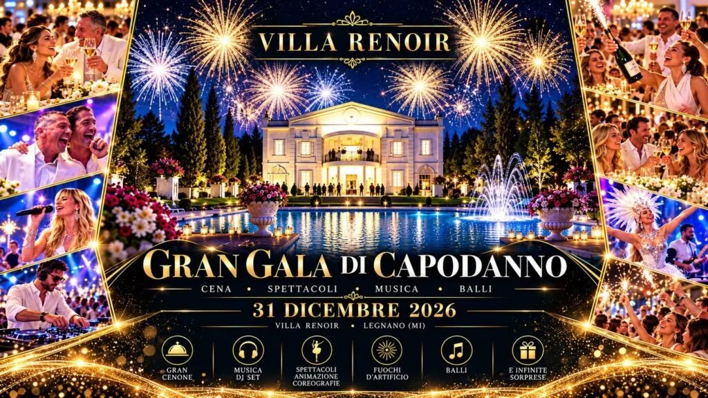 Locandina di Cenone Capodanno 2027 Milano: Cena, Spettacoli, Musica e Balli a Villa ReNoir