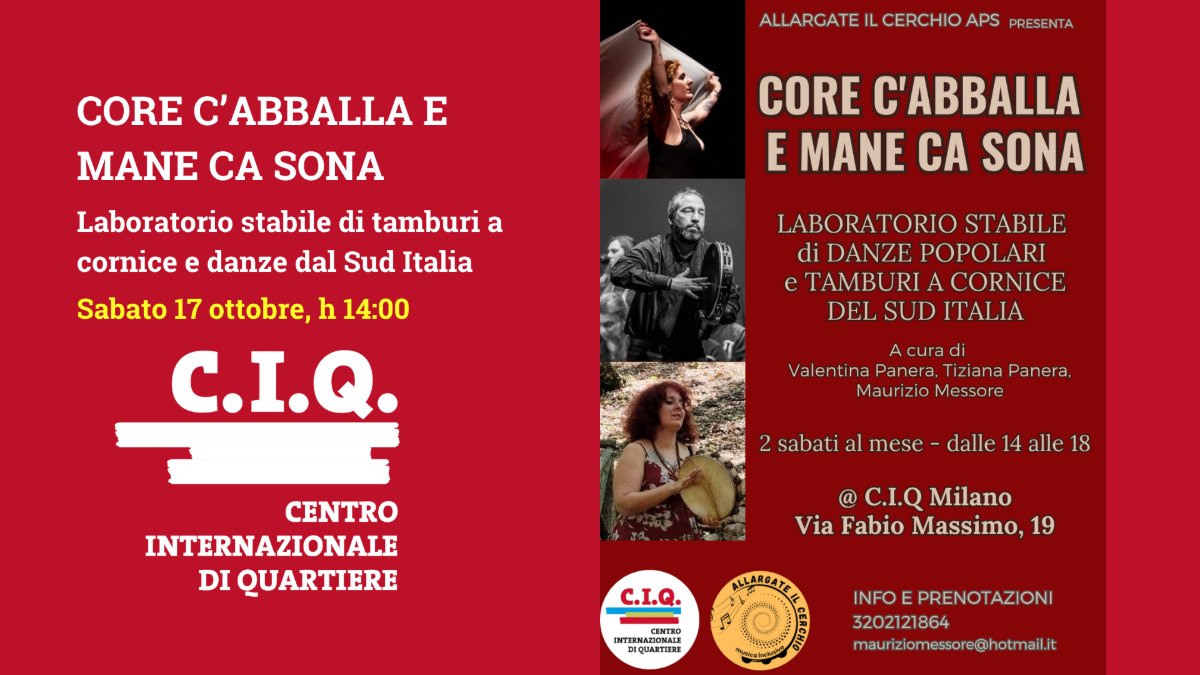 Locandina di CORE C’ABBALLA E MANE CA SONA – Laboratorio stabile di tamburi a cornice e danze dal Sud Italia
