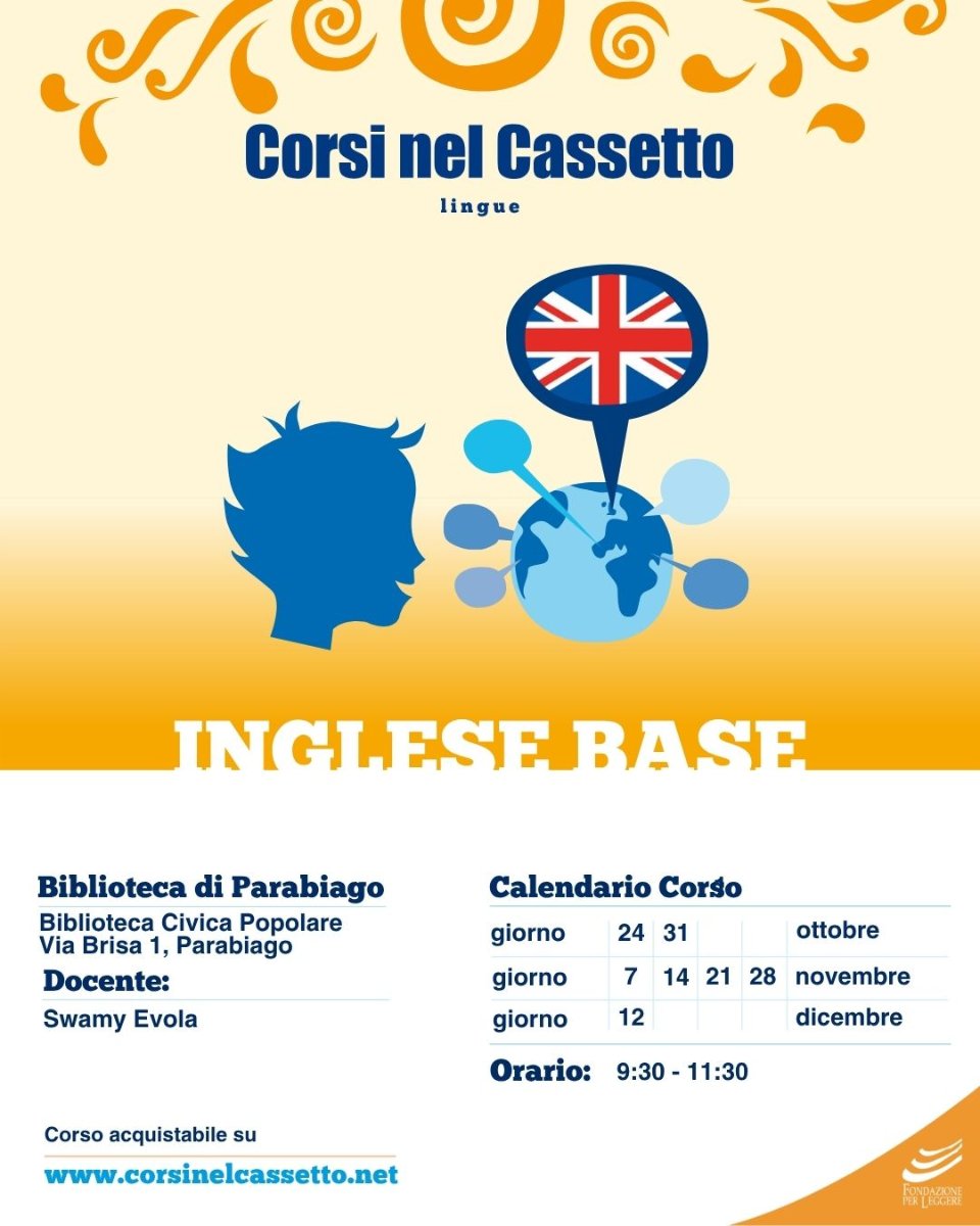 Locandina di Corso di Inglese Base presso la Biblioteca di Parabiago