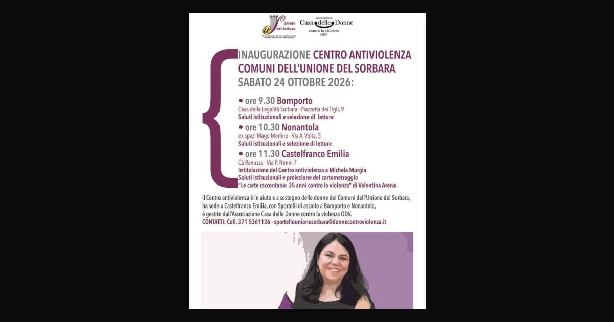 Locandina di Inaugurazione Centro antiviolenza Unione Comuni del Sorbara e intitolazione a Michela Murgia