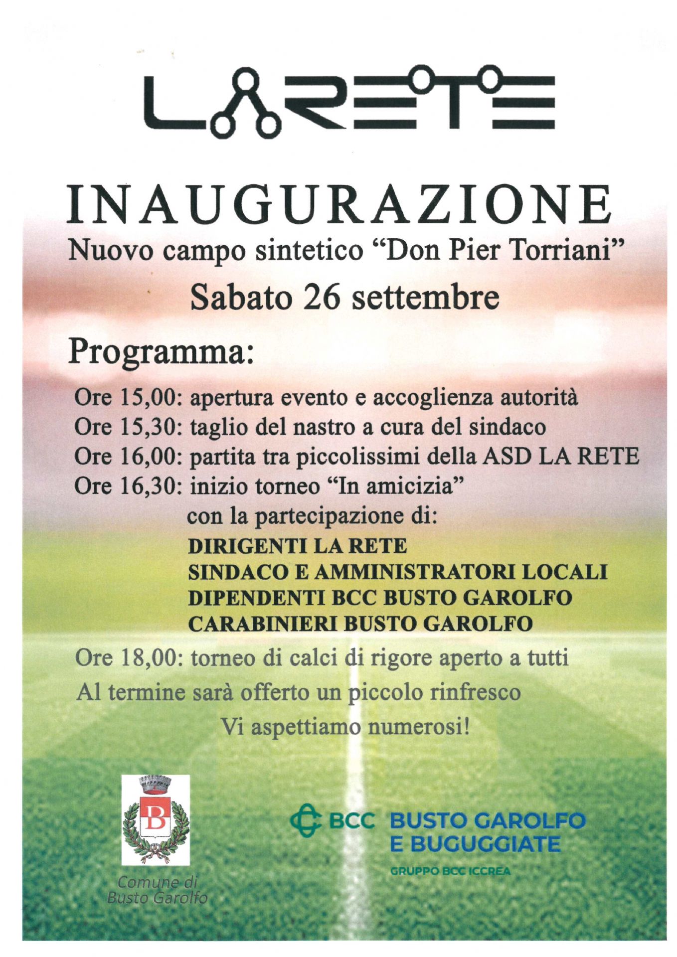 Locandina di Inaugurazione nuovo campo sintetico Don Pier Torriani