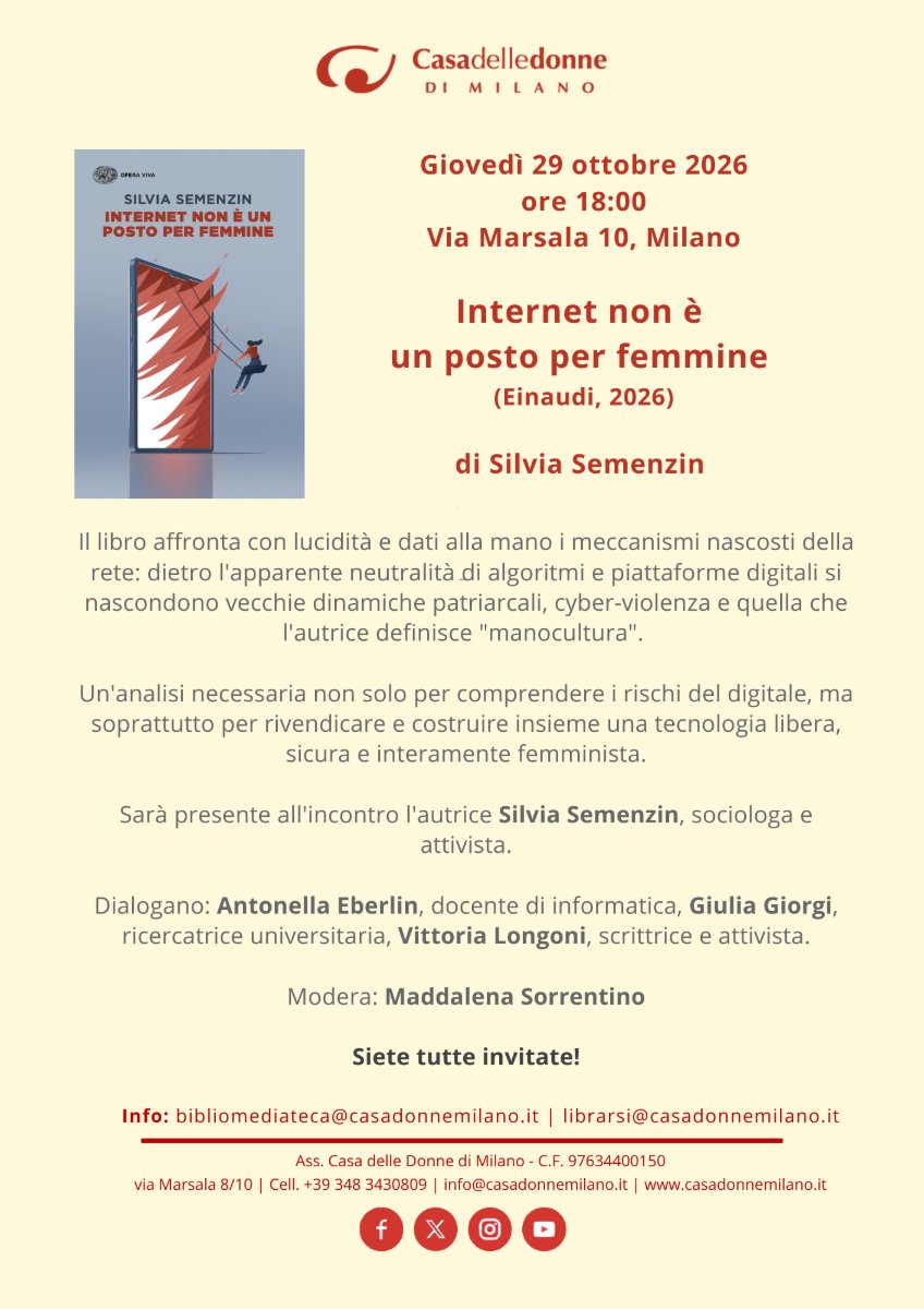 Locandina di Presentazione del libro “Internet non è un posto per femmine” di Silvia Semenzin (Einaudi, 2026)