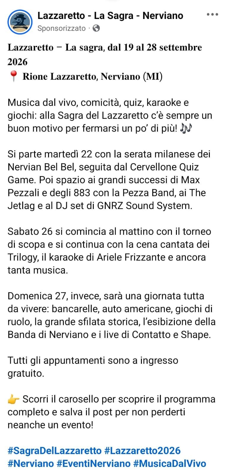 Locandina di Sagra del Lazzaretto – programma di sabato