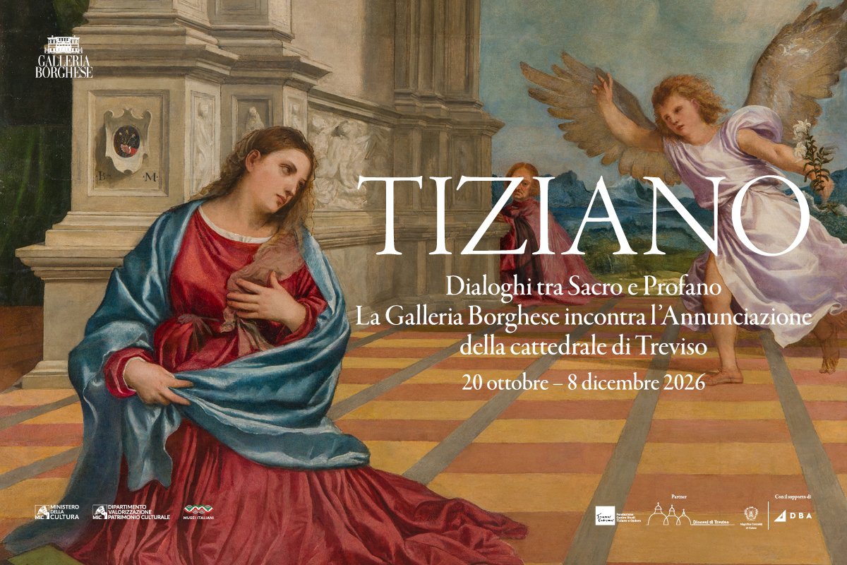 Locandina di Tiziano. Dialoghi tra Sacro e Profano. La Galleria Borghese incontra l’Annunciazione della cattedrale di Treviso