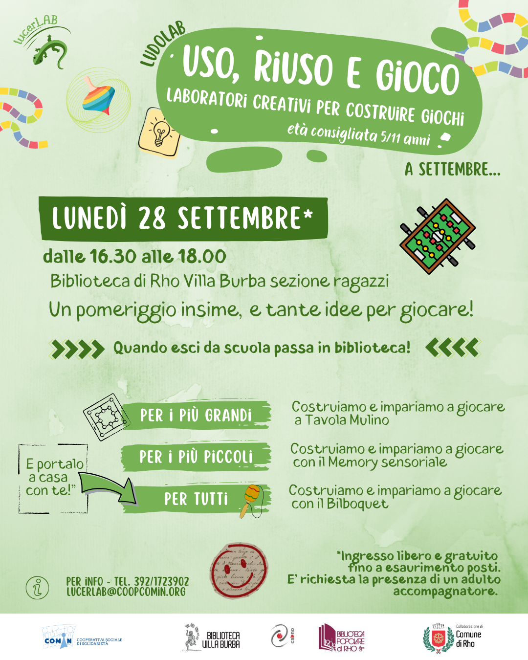 Locandina di USO, RIUSO E GIOCO: la creatività prende forma in Biblioteca!