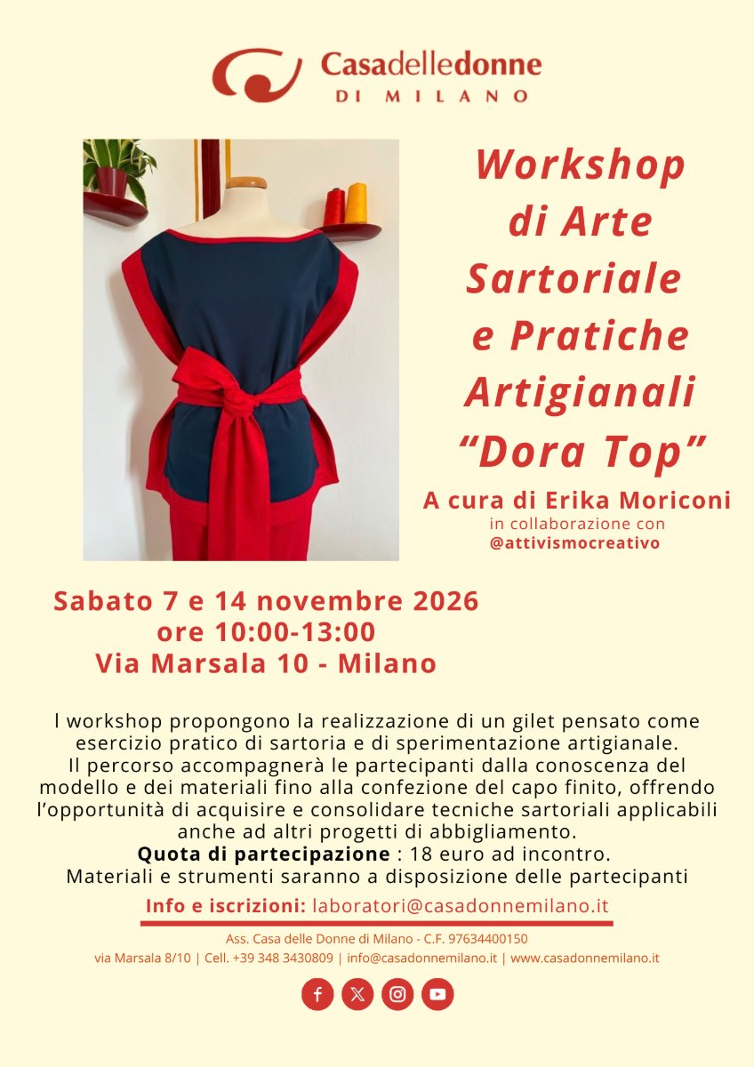 Locandina di Workshop di Arte Sartoriale e Pratiche Artigianali “Dora Top” a cura di Erika Moriconi