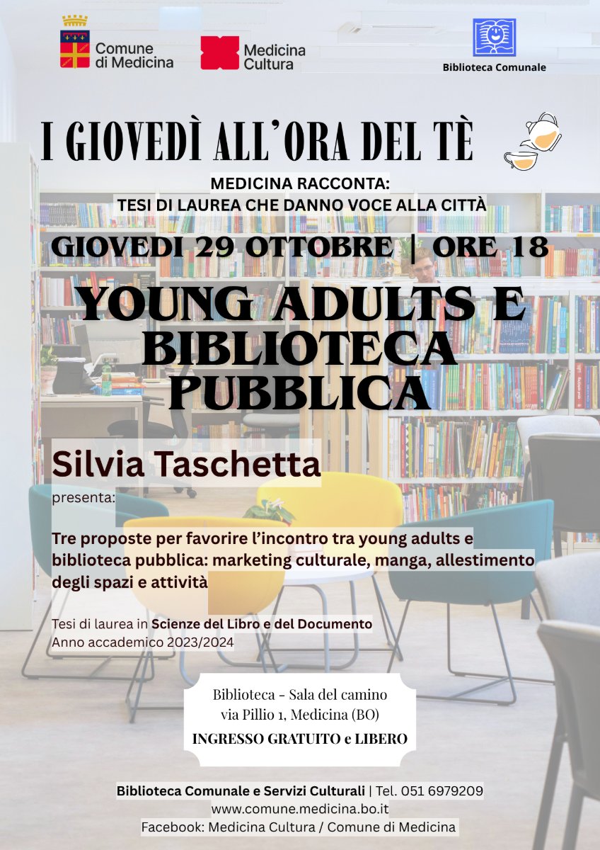 Locandina di Young adults e biblioteca pubblica, tesi di laurea di Silvia Taschetta